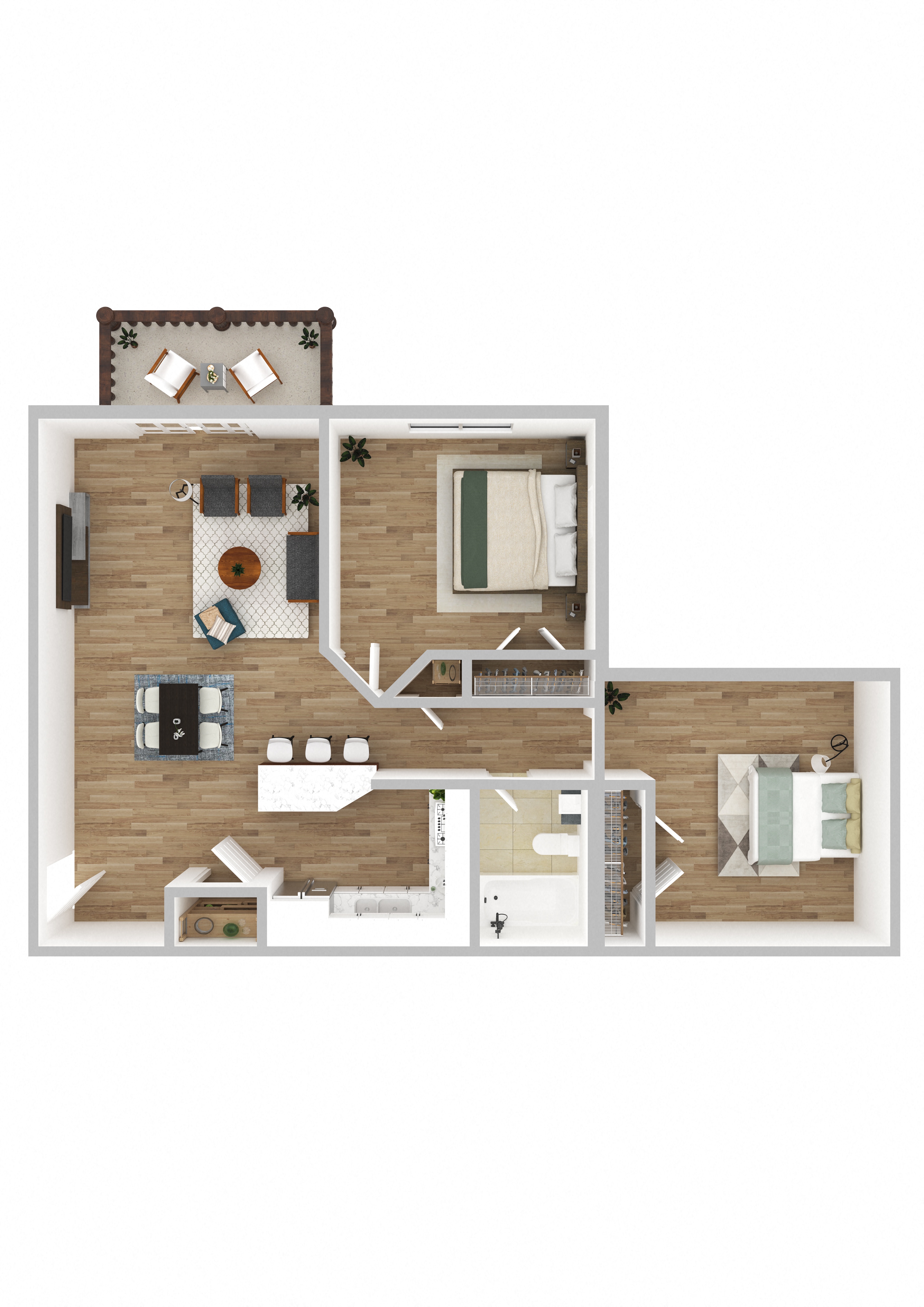 Floor plan for 2 beds, 1 bath, 829 sqft